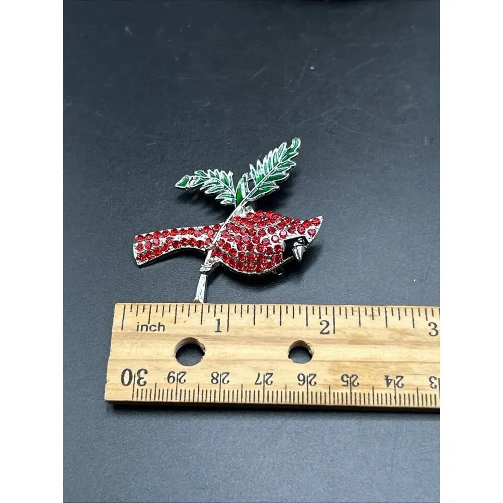 Modern Bird Cardinal Pin Brooch Silver Tone And Rhinestone 2”